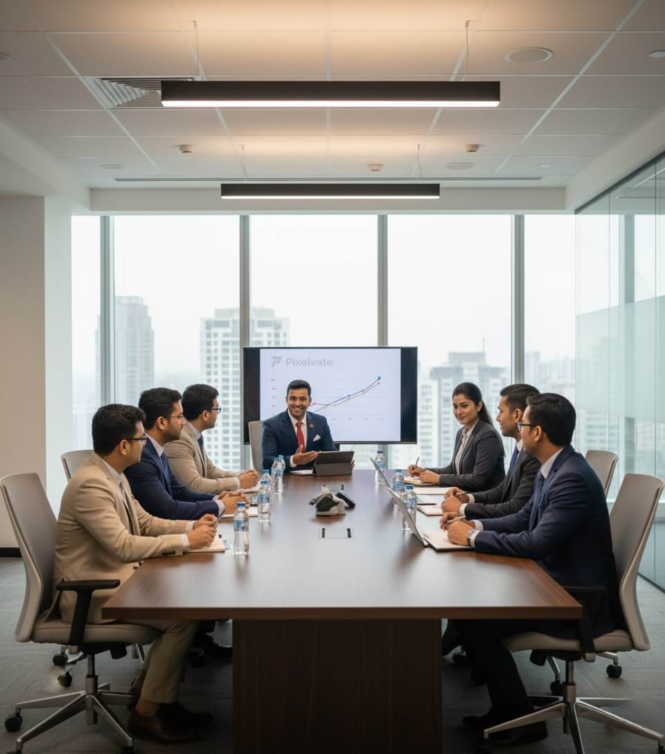 A team meeting at Pixelvate's office.